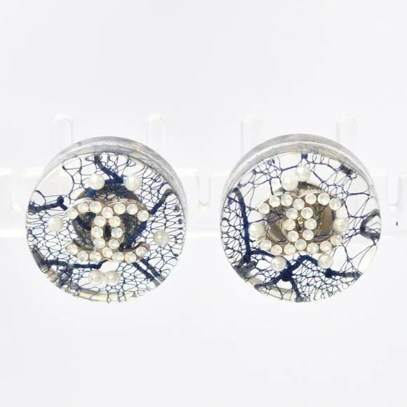 CHANEL Authentic Blue Pearl Logo Earrings